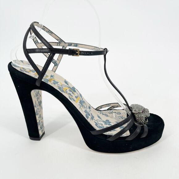 Gucci Black Velvet Elias Platform Sandals with Crystal Tiger Feline Head EU 40 - Picture 2 of 12